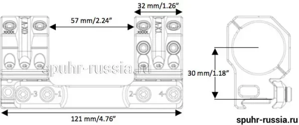 SP-4601 Тактический кронштейн SPUHR с кольцами 34 мм для установки на Picatinny, наклон 6 MIL/ 20,6 MOA — изображение 2